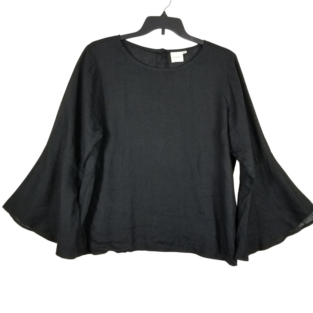 Reistor Women 2XL Black 100% Hemp Bell Sleeve Button Back Blouse Top Boho Eco